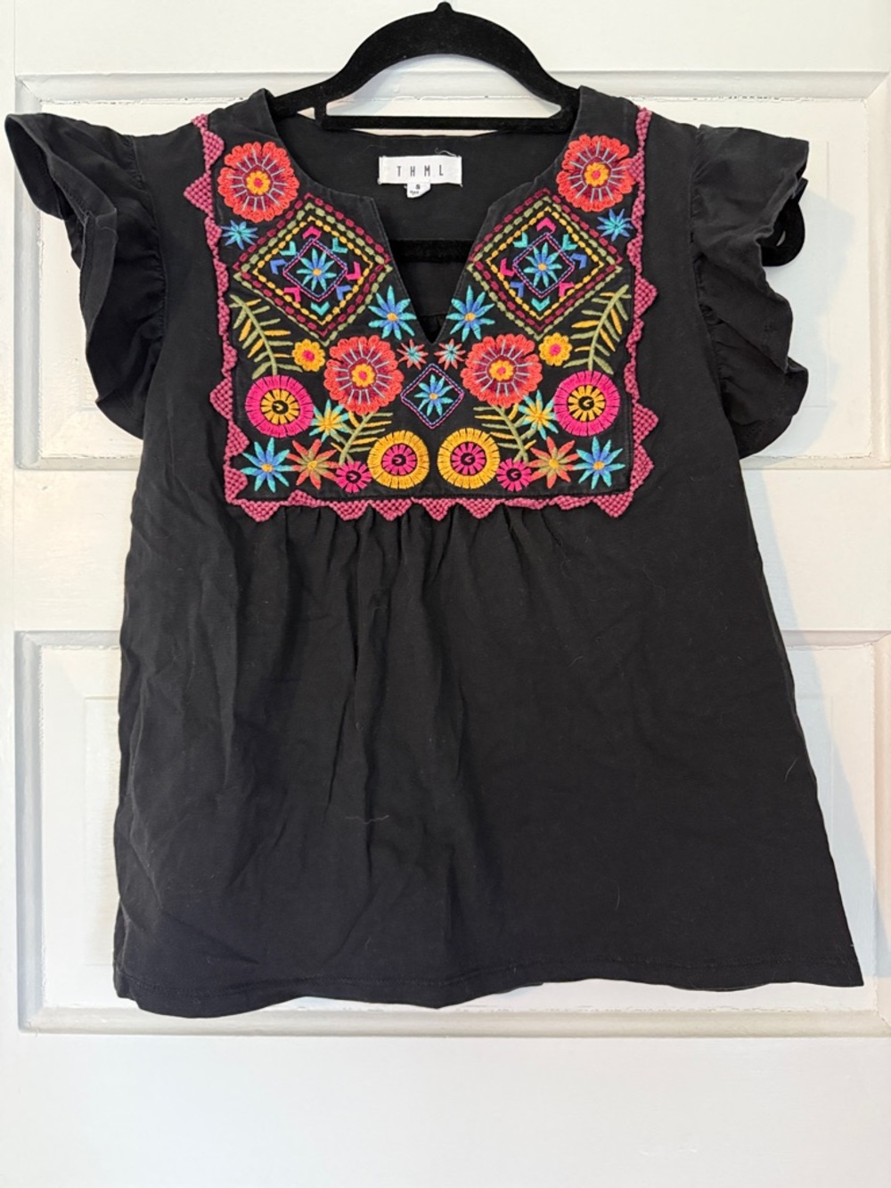 THML Black Embroidered Floral Top